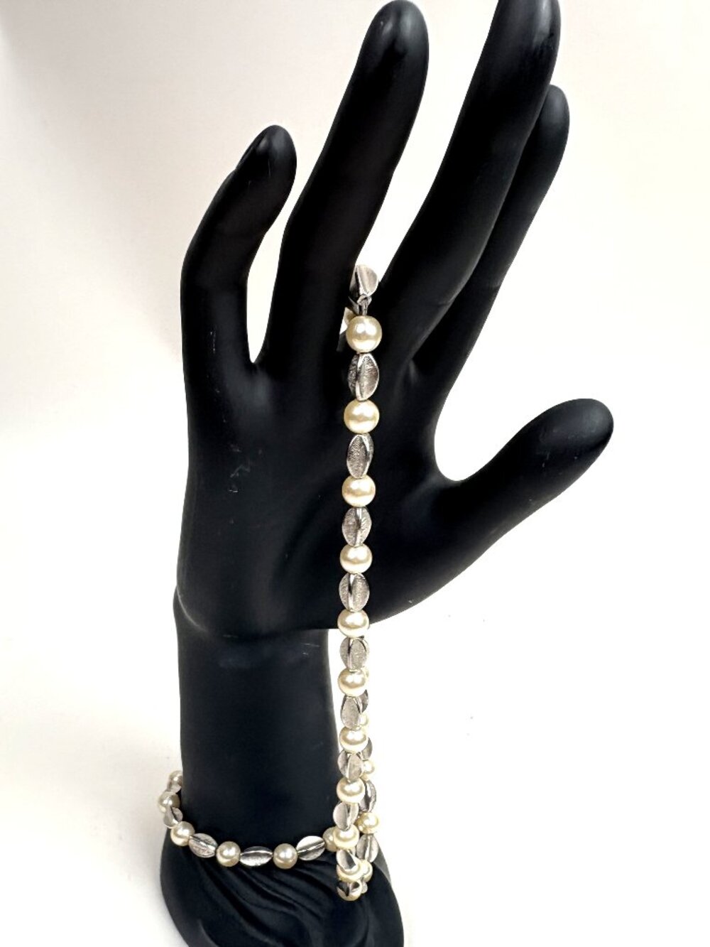 Signed Crown Trifari Faux Pearl & Brushed Silver Tone Bead Necklace Bracelet Par